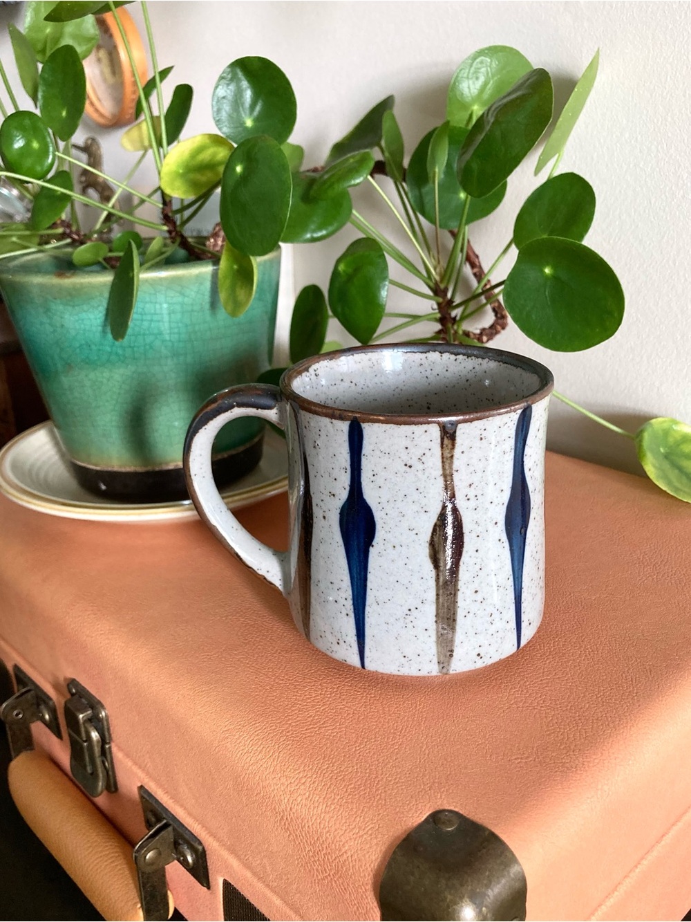 Vintage MCM Striped Blue Brown Speckled Studio Pottery Mug Japanese Stoneware